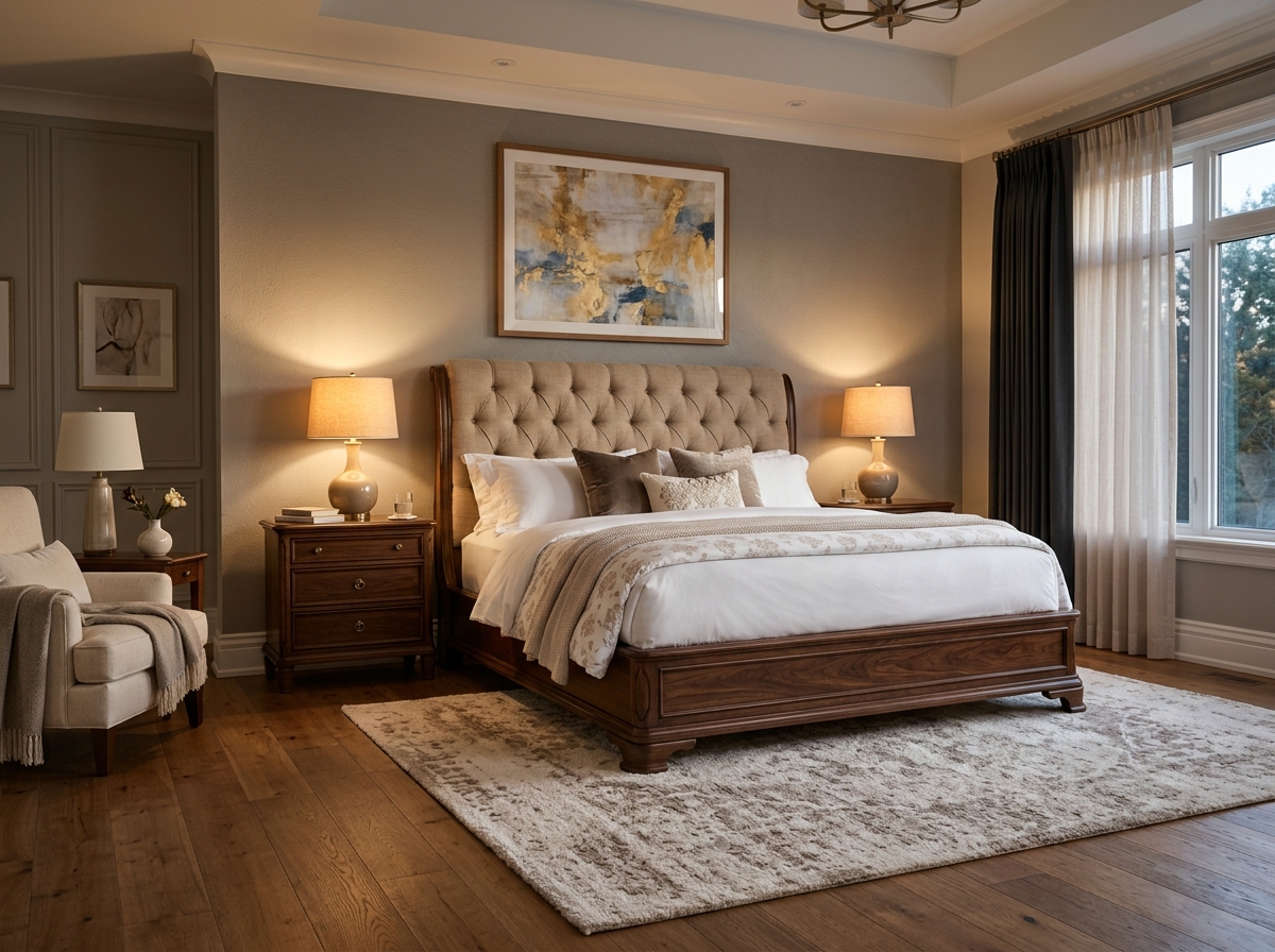 Illustrative visual: Master bedroom suite with upholstered bed and matching nightstands