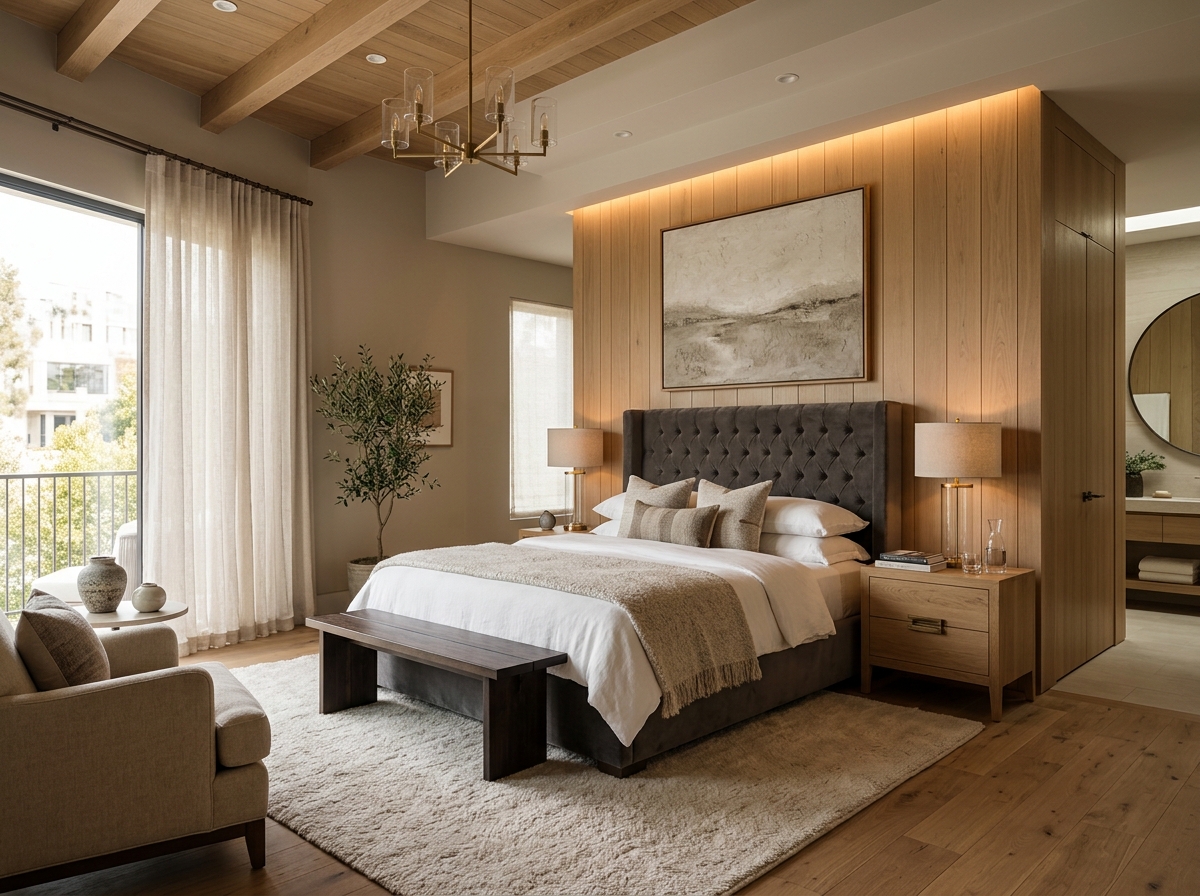 Interior design concept study: modern master bedroom with warm wood wall panelling, upholstered bed, and nightstands