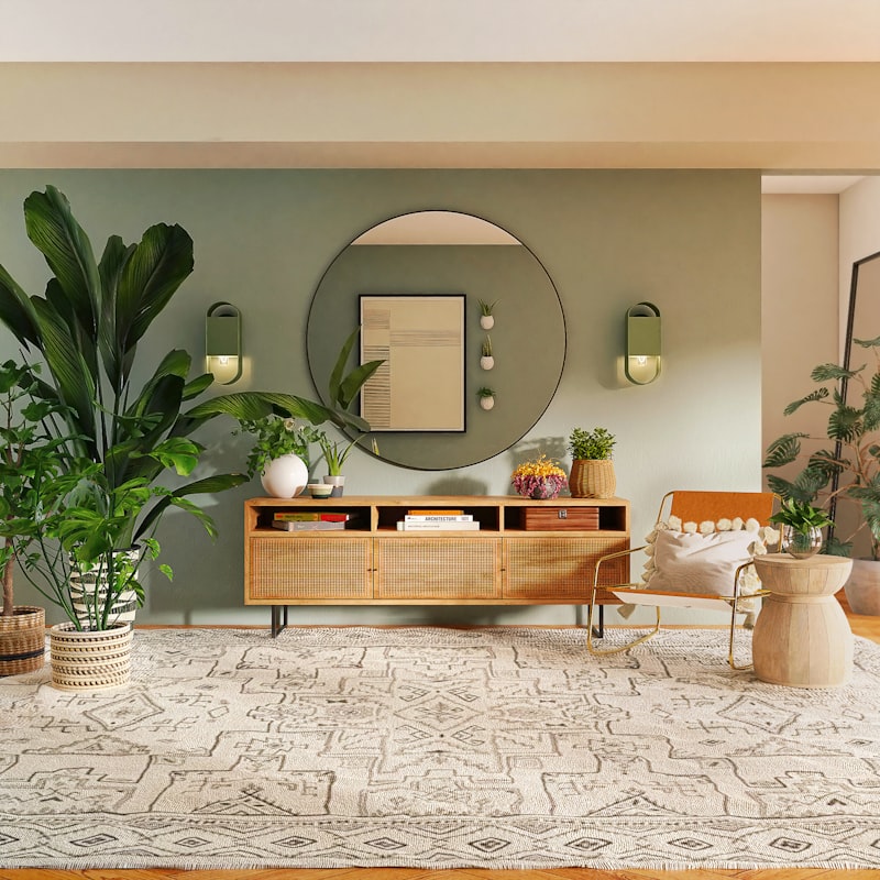 Illustrative visual: Modern vanity dressing table with circular mirror and storage
