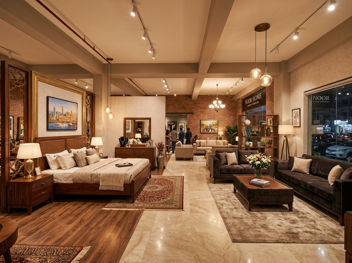 Showroom concept showcase: crafted bedroom set and sofa suite in warm lighting